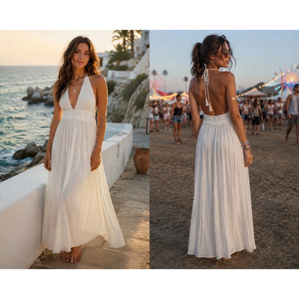 America & Beyond White Lurex Stripe Halter Maxi‎ Dress Boho Tassel Side Slit M
